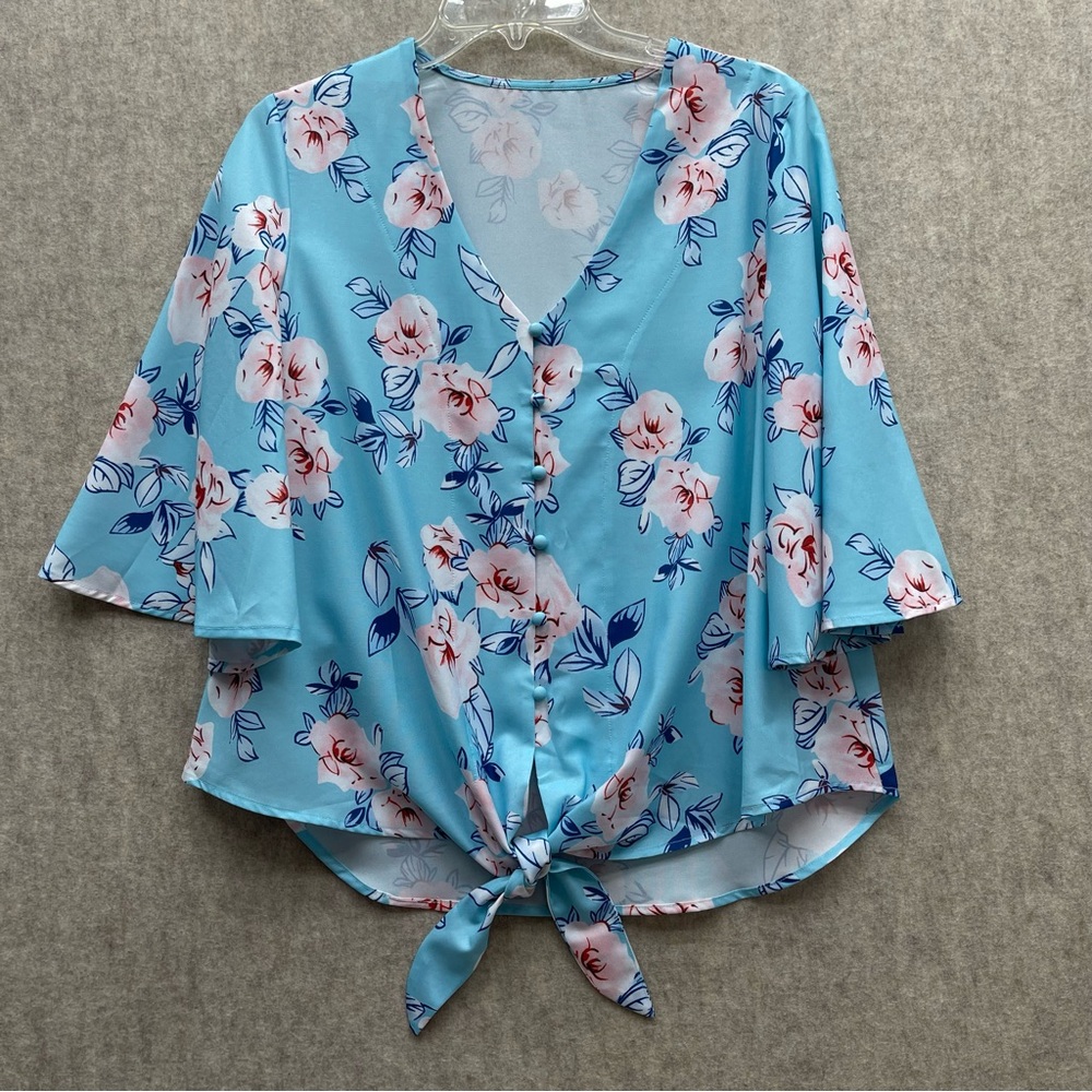 Women's Floral Button Down Waist Tie Blouse with Bell Sleeves M